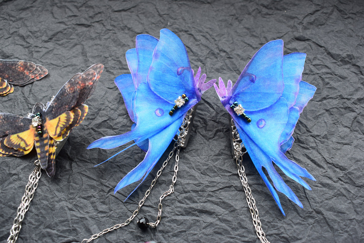 Silk blue or purple moth butterfly wings collar pins with chains