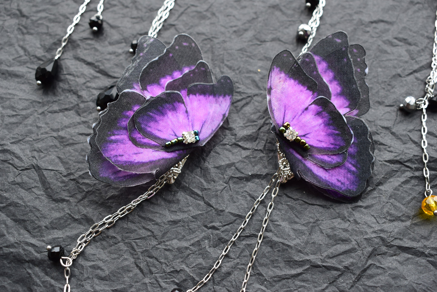 Silk blue or purple moth butterfly wings collar pins with chains