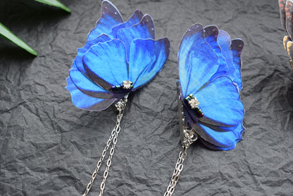 Silk blue or purple moth butterfly wings collar pins with chains