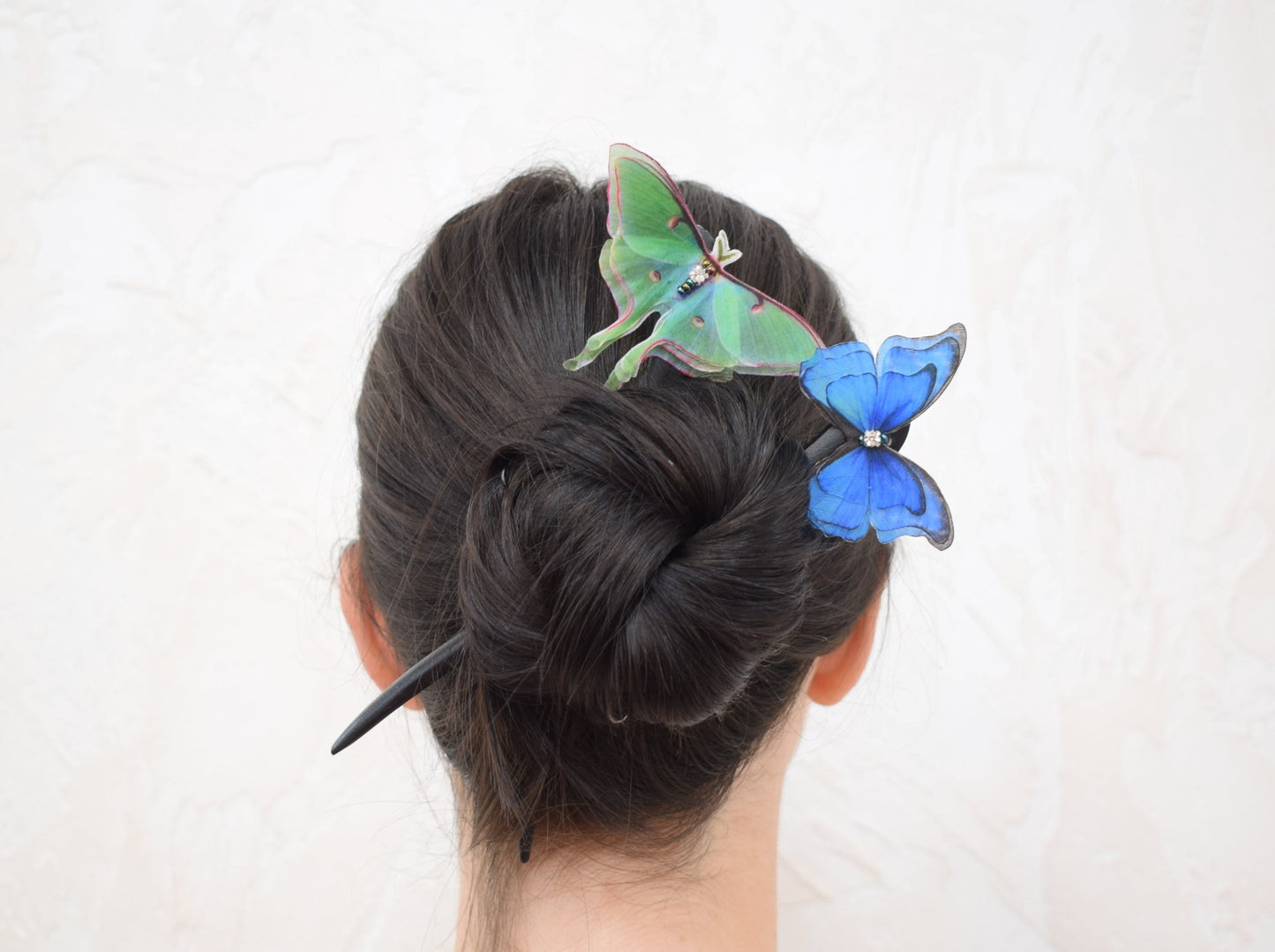 Wooden hair stick silk luna moth or morpho butterfly