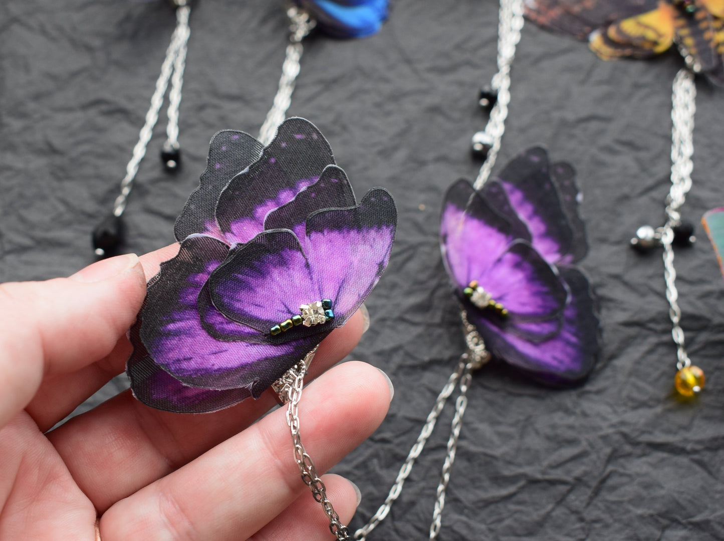 Silk blue or purple moth butterfly wings collar pins with chains