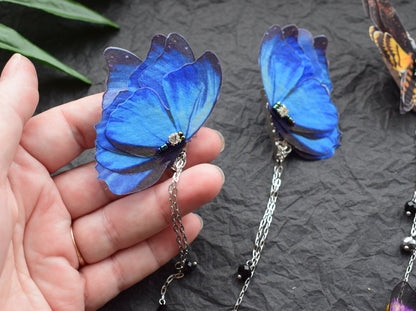 Silk blue or purple moth butterfly wings collar pins with chains