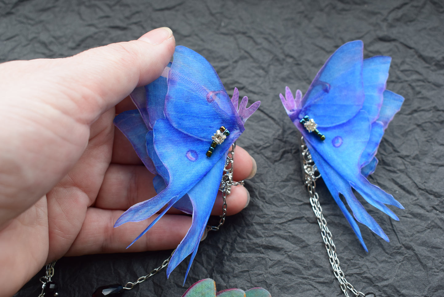 Silk blue or purple moth butterfly wings collar pins with chains