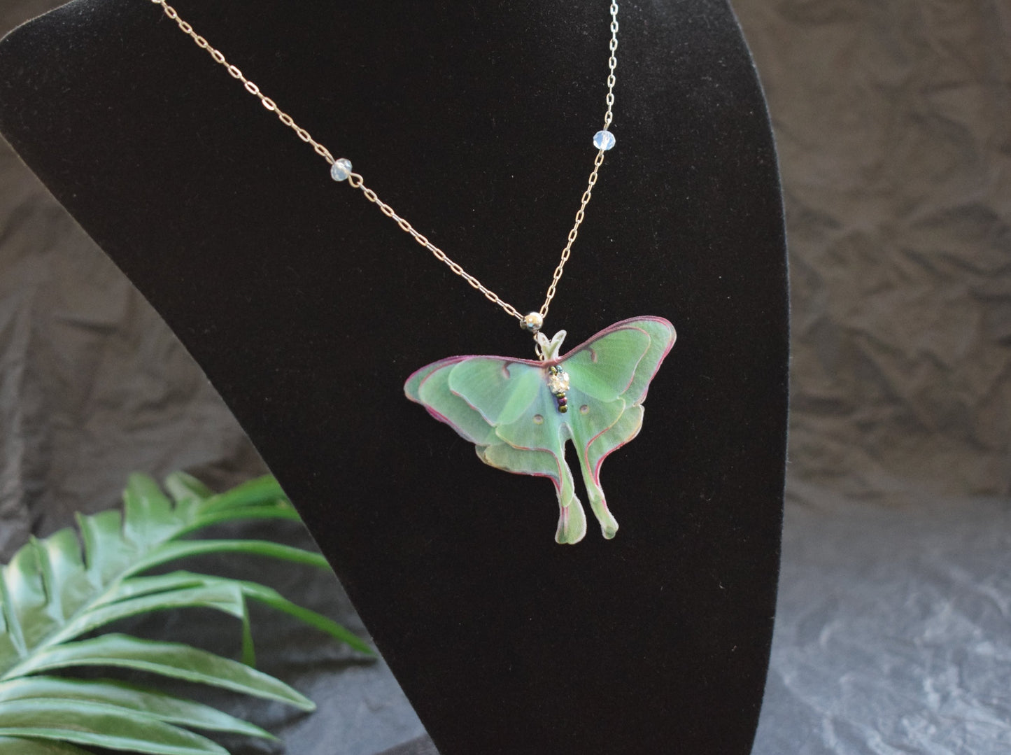 Green luna moth pendant necklace silk women accessories delicate gift for her