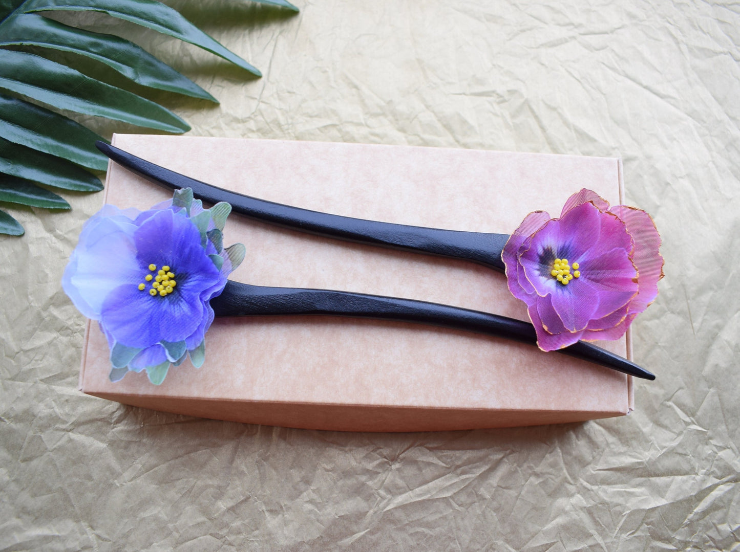 Wooden hair stick silk Forget-me-nots and Pansies