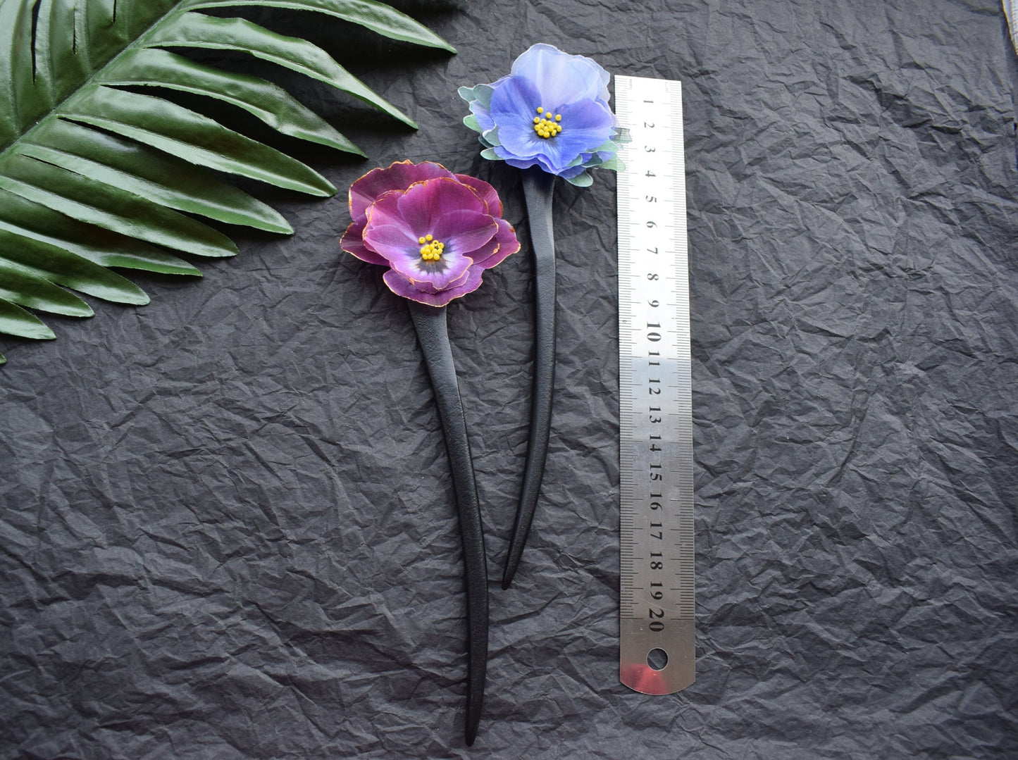 Wooden hair stick silk Forget-me-nots and Pansies