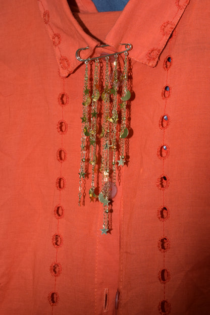 Celestial Star & Moon Brooch – Gold Chain Cosmic Lapel Pin Jewelry Gift