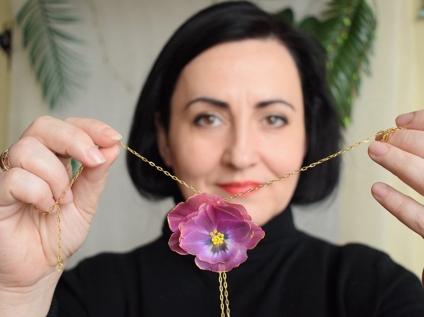 Silk Pansy Pendant Necklace with Golden Chain