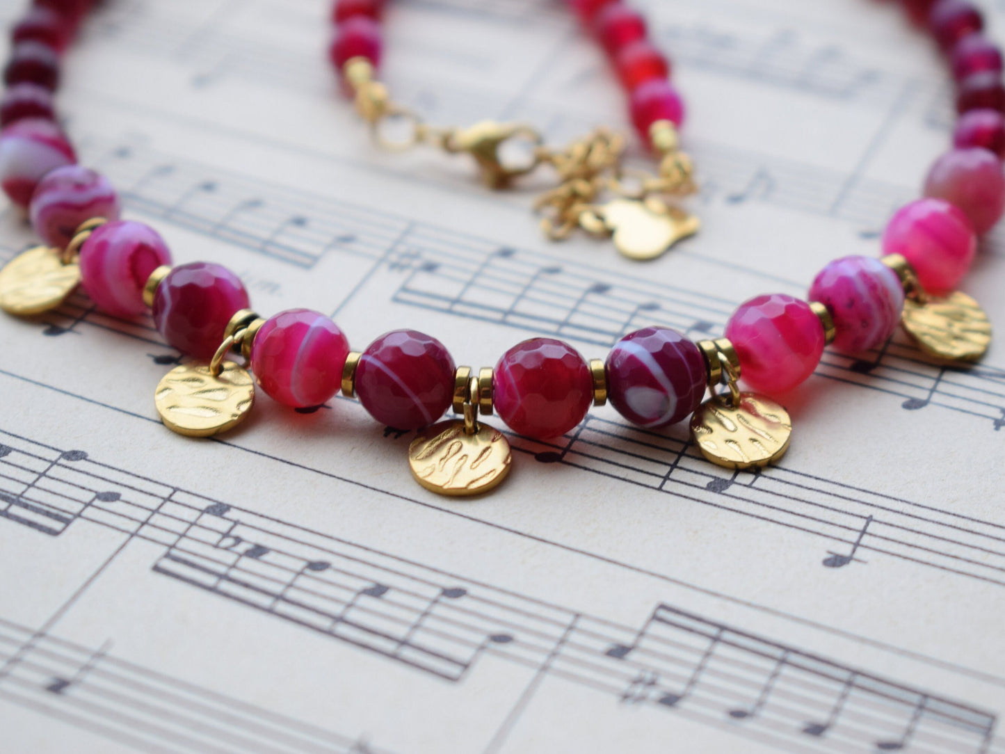 Red and Pink Agate Necklace – Gold Chain Gemstone Jewelry Gift for Women