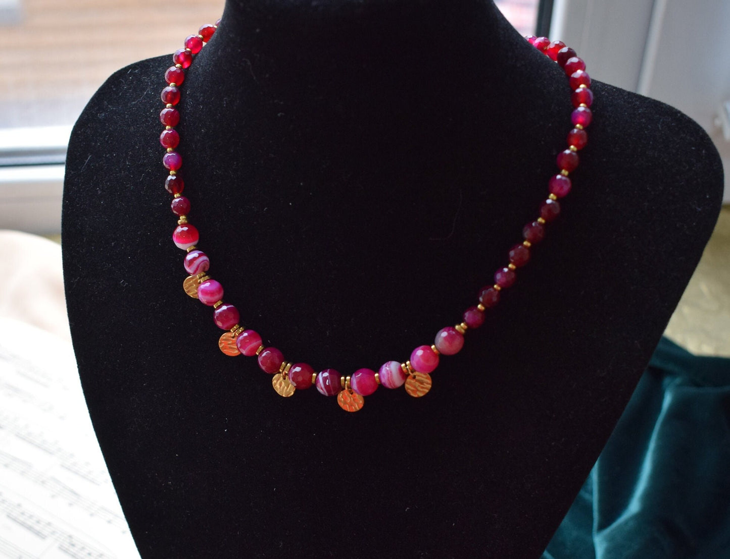 Red and Pink Agate Necklace – Gold Chain Gemstone Jewelry Gift for Women