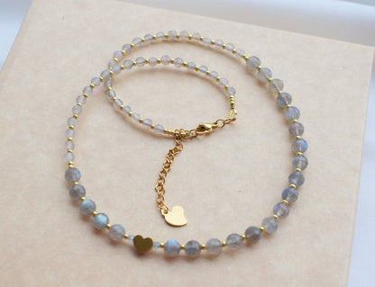 Labradorite Necklace with Heart Bead - Crystal Choker Jewelry Gift for Her