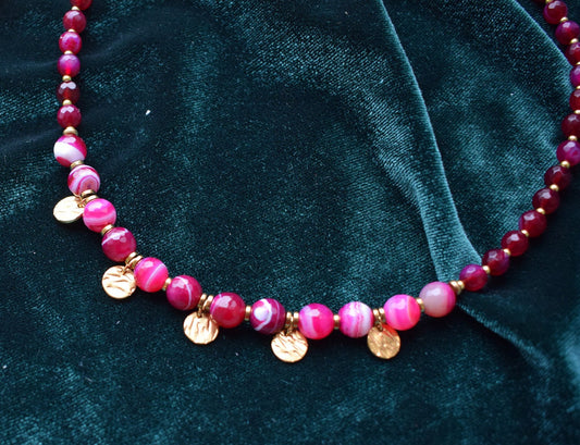 Red and Pink Agate Necklace – Gold Chain Gemstone Jewelry Gift for Women