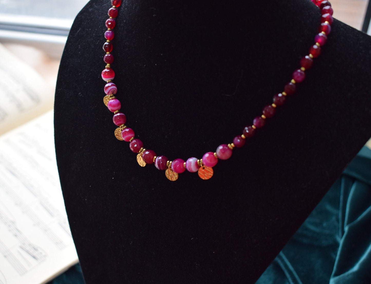 Red and Pink Agate Necklace – Gold Chain Gemstone Jewelry Gift for Women