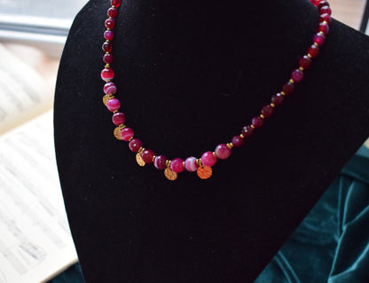 Red and Pink Agate Necklace – Gold Chain Gemstone Jewelry Gift for Women
