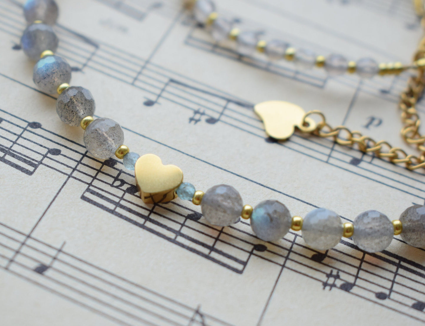 Labradorite Necklace with Heart Bead - Crystal Choker Jewelry Gift for Her