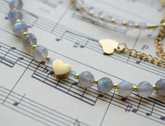 Labradorite Necklace with Heart Bead - Crystal Choker Jewelry Gift for Her