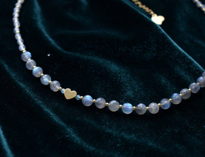 Labradorite Necklace with Heart Bead - Crystal Choker Jewelry Gift for Her