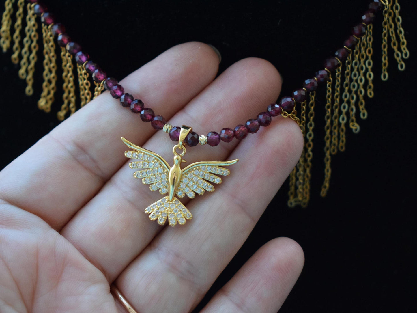 Garnet Necklace Golden Phoenix Pendant