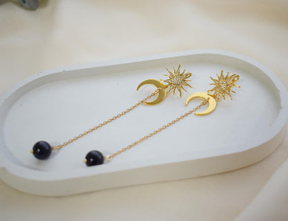 Aventurine Sun and Moon Long Chain Earrings – Gold Jewelry Gift for Women