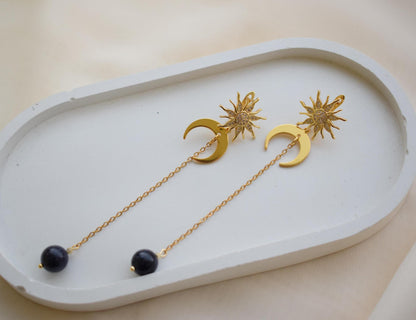 Aventurine Sun and Moon Long Chain Earrings – Gold Jewelry Gift for Women