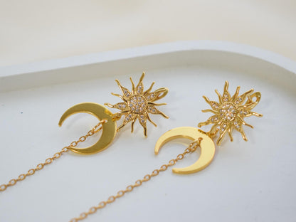 Aventurine Sun and Moon Long Chain Earrings – Gold Jewelry Gift for Women