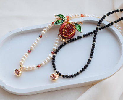 Pomegranate Pendant Necklace 14k Gold Plated - Spinel or Freshwater Pearl - Elegant Jewelry Gift for Women