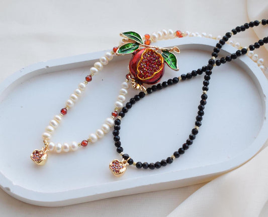 Pomegranate Pendant Necklace 14k Gold Plated - Spinel or Freshwater Pearl - Elegant Jewelry Gift for Women