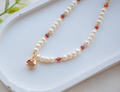 Pomegranate Pendant Necklace 14k Gold Plated - Spinel or Freshwater Pearl - Elegant Jewelry Gift for Women
