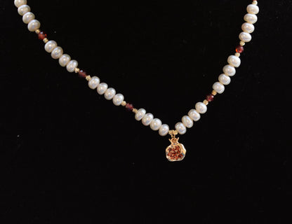 Pomegranate Pendant Necklace 14k Gold Plated - Spinel or Freshwater Pearl - Elegant Jewelry Gift for Women