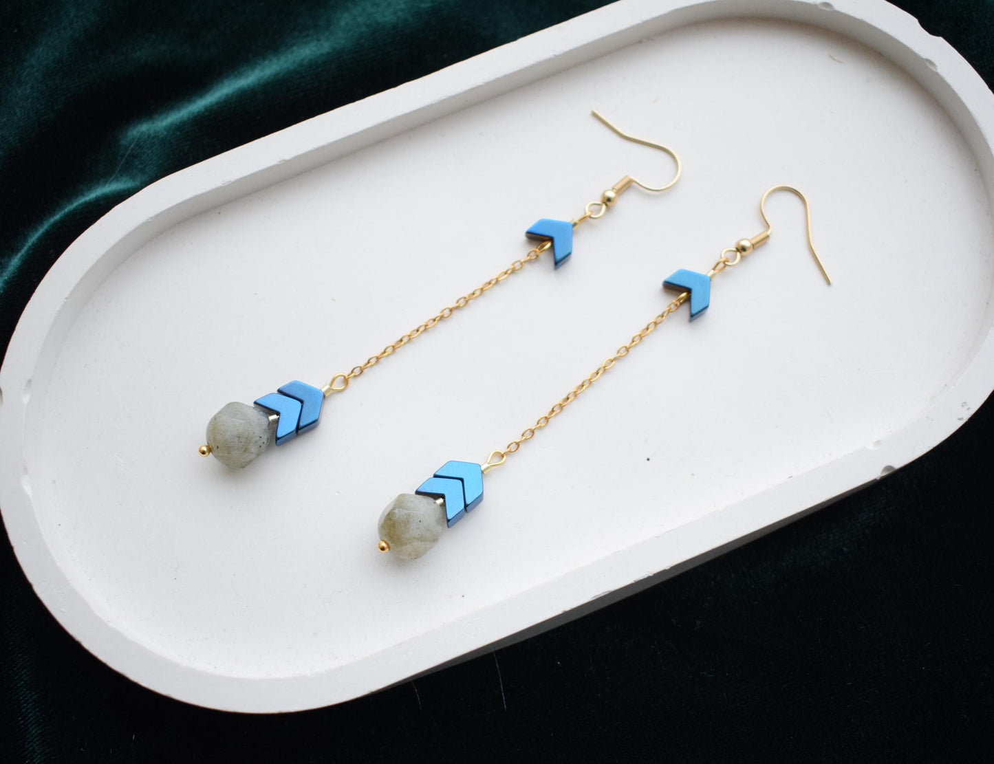 Labradorite & Hematite Long Chain Earrings – Gold or Silver Minimalist Jewelry