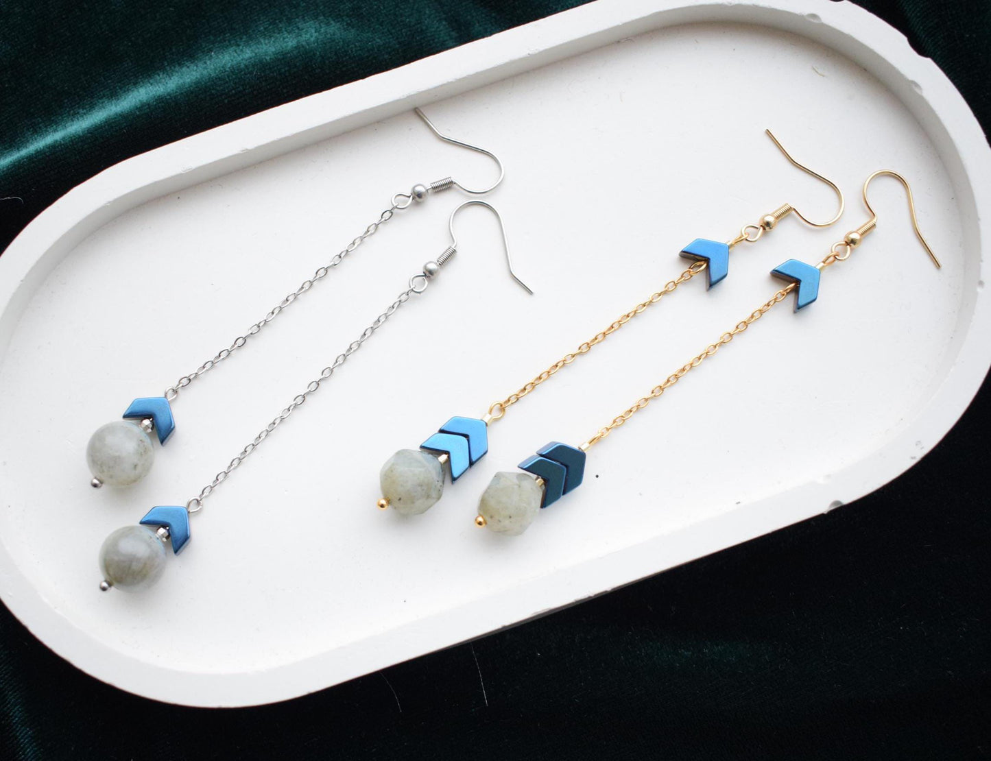 Labradorite & Hematite Long Chain Earrings – Gold or Silver Minimalist Jewelry