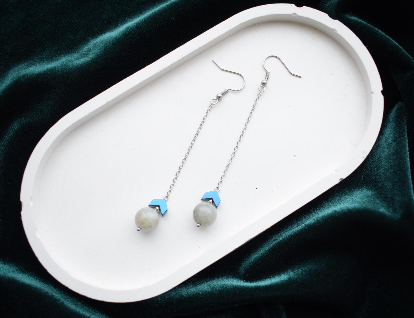 Labradorite & Hematite Long Chain Earrings – Gold or Silver Minimalist Jewelry