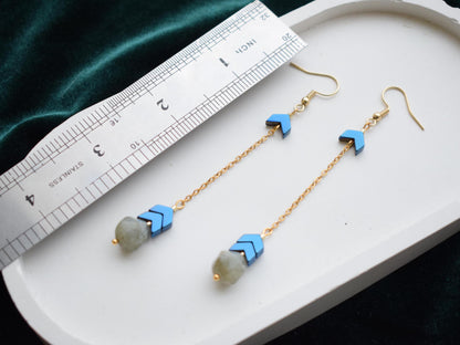 Labradorite & Hematite Long Chain Earrings – Gold or Silver Minimalist Jewelry