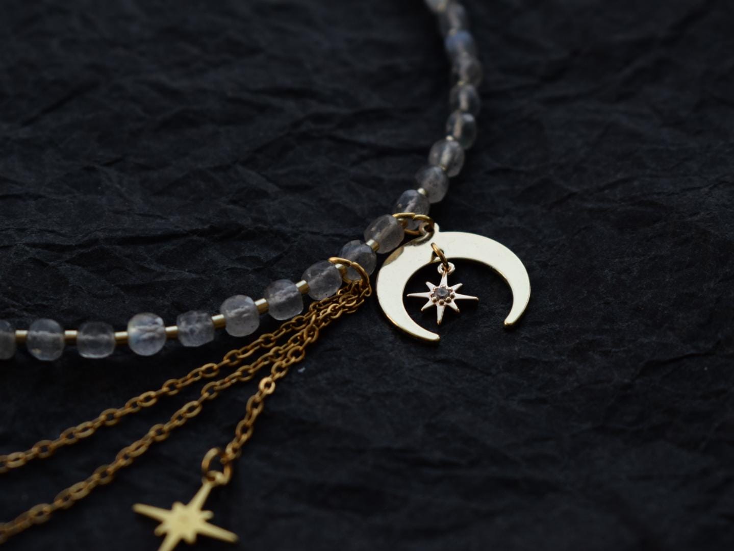Labradorite Asymmetrical Choker Necklace with Moon Pendant – Elegant Gold Chains Jewelry Gift for Women