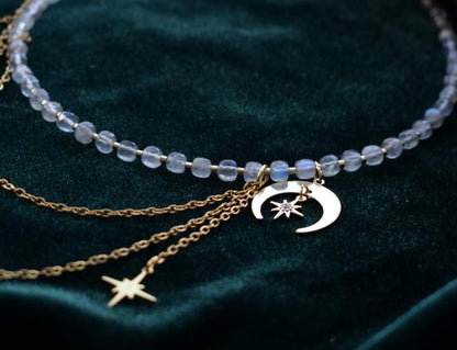 Labradorite Asymmetrical Choker Necklace with Moon Pendant – Elegant Gold Chains Jewelry Gift for Women