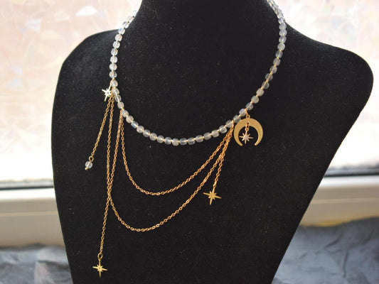 Labradorite Asymmetrical Choker Necklace with Moon Pendant – Elegant Gold Chains Jewelry Gift for Women