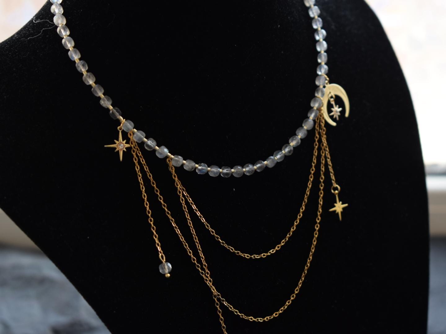 Labradorite Asymmetrical Choker Necklace with Moon Pendant – Elegant Gold Chains Jewelry Gift for Women