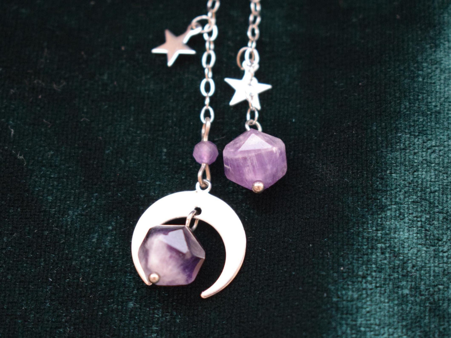 Handmade gemstone earrings with crescent moons and stars