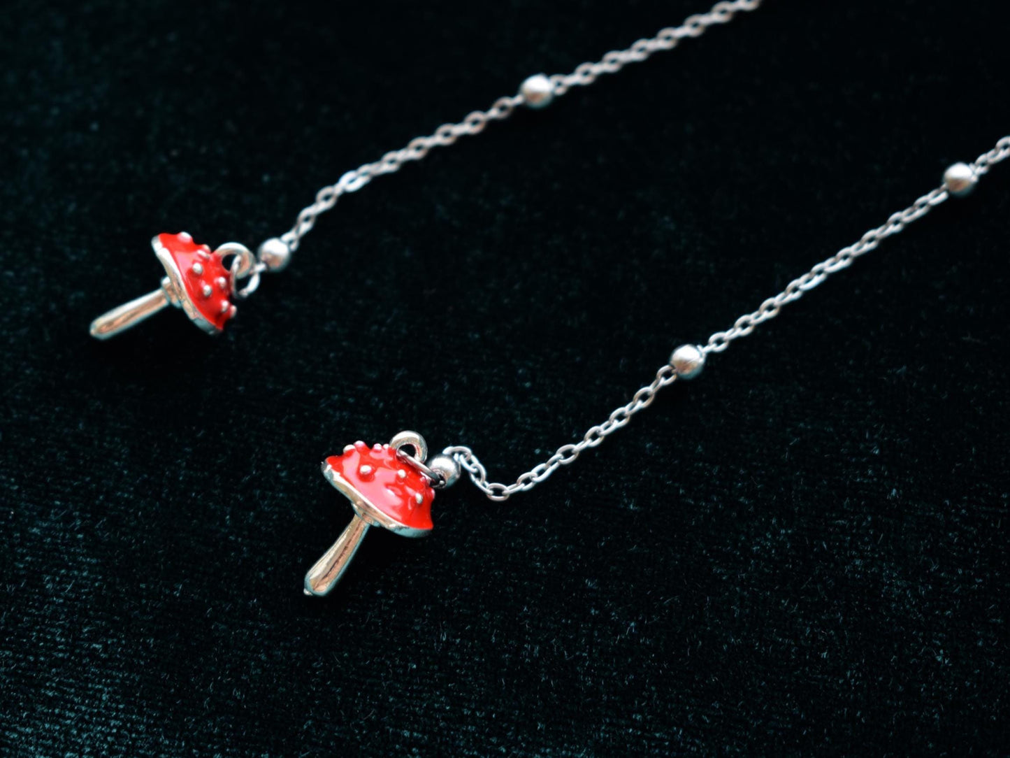 Fairycore celestial earrings with red enamel mushroom charms and crescent moons