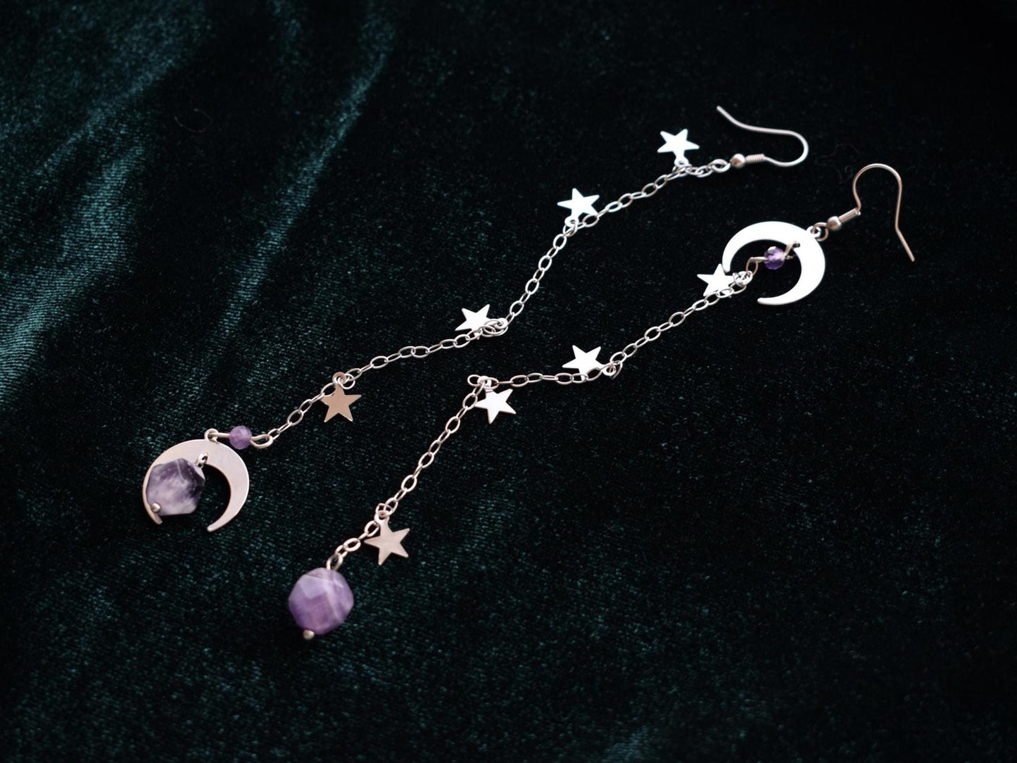 Amethyst moon and star long silver earrings