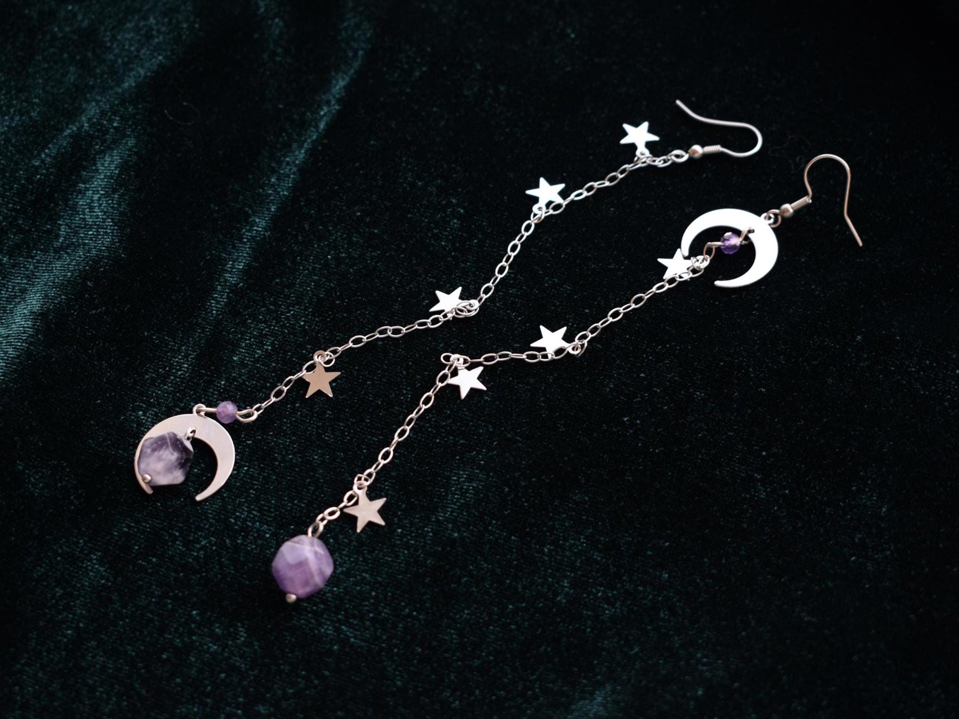 Amethyst moon and star long silver earrings