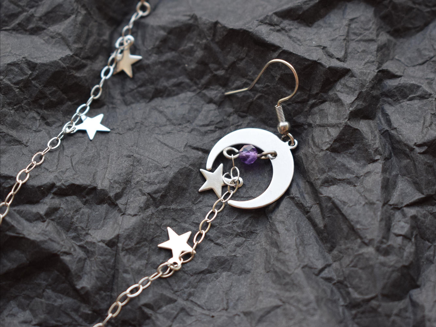 Amethyst earrings in boho celestial style