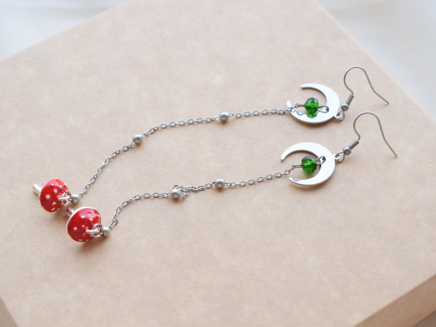 Whimsical mushroom and moon earrings, stainless steel hooks, celestial jewelry