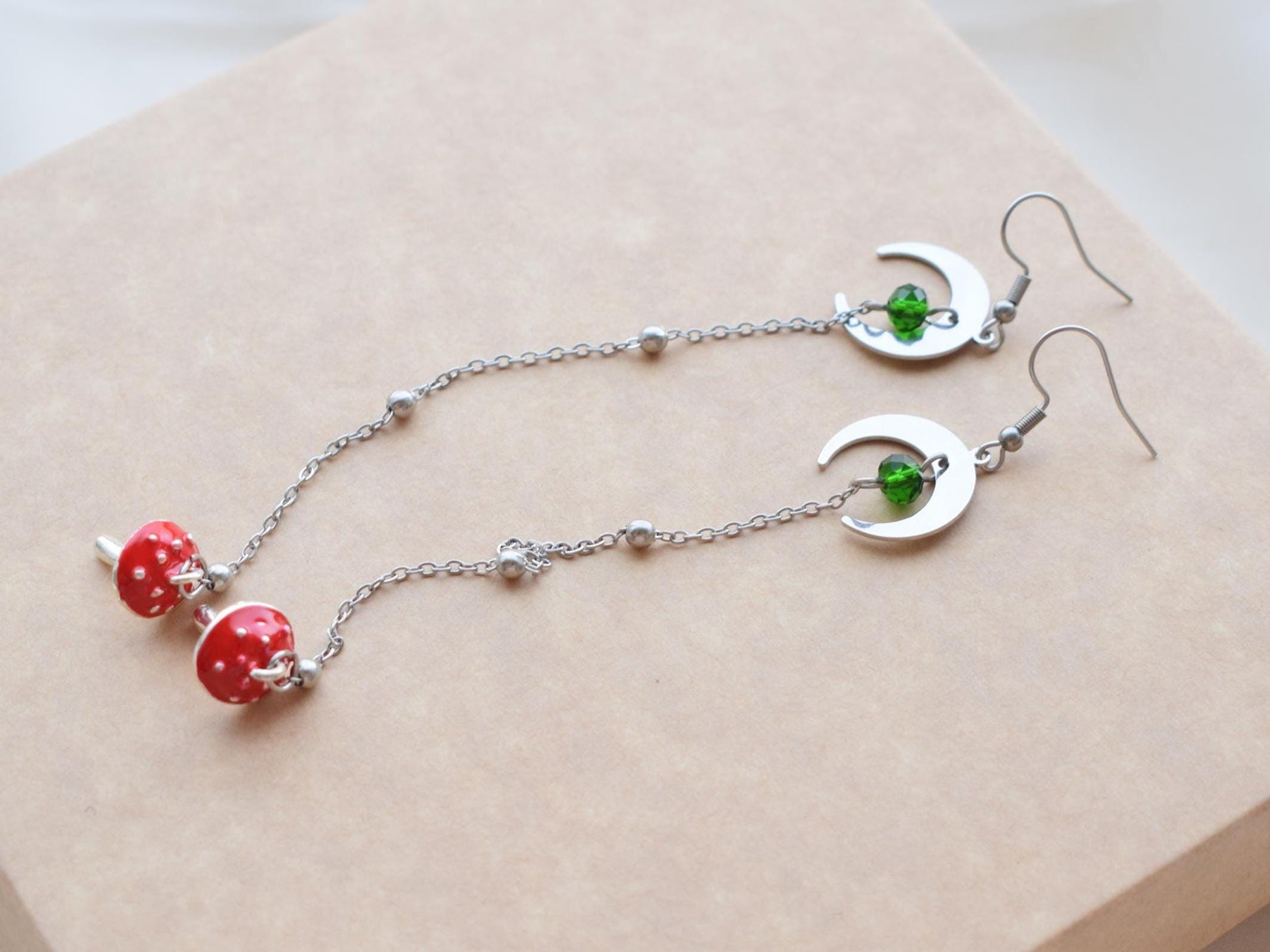 Whimsical mushroom and moon earrings, stainless steel hooks, celestial jewelry