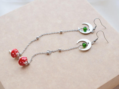 Whimsical mushroom and moon earrings, stainless steel hooks, celestial jewelry