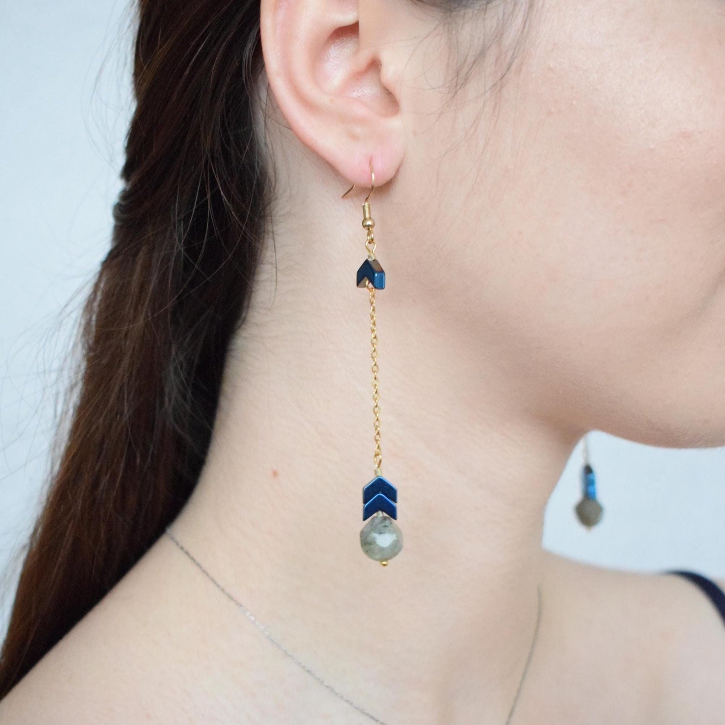 Labradorite & Hematite Long Chain Earrings – Gold or Silver Minimalist Jewelry