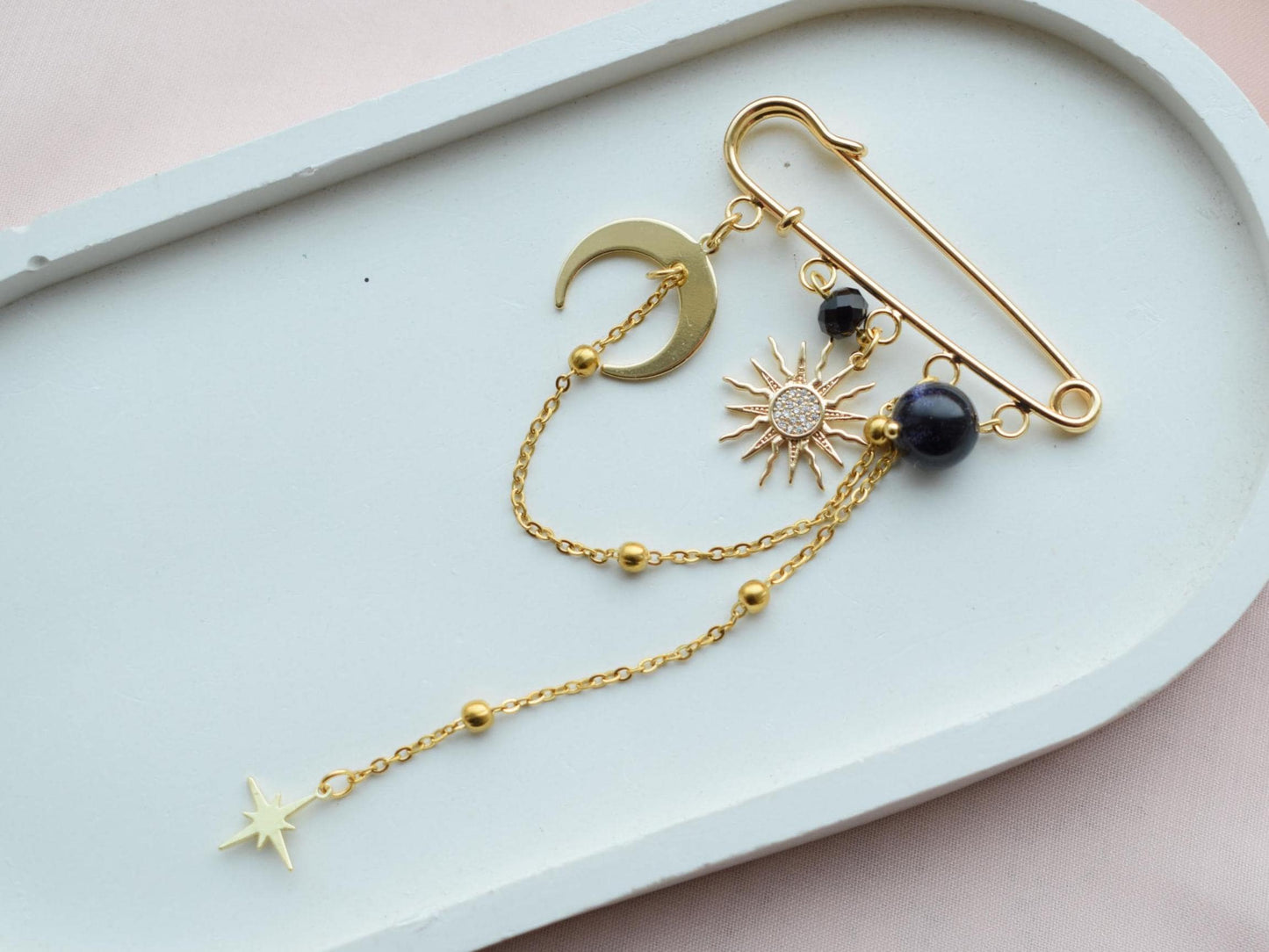 Elegant celestial brooch with blue aventurine bead