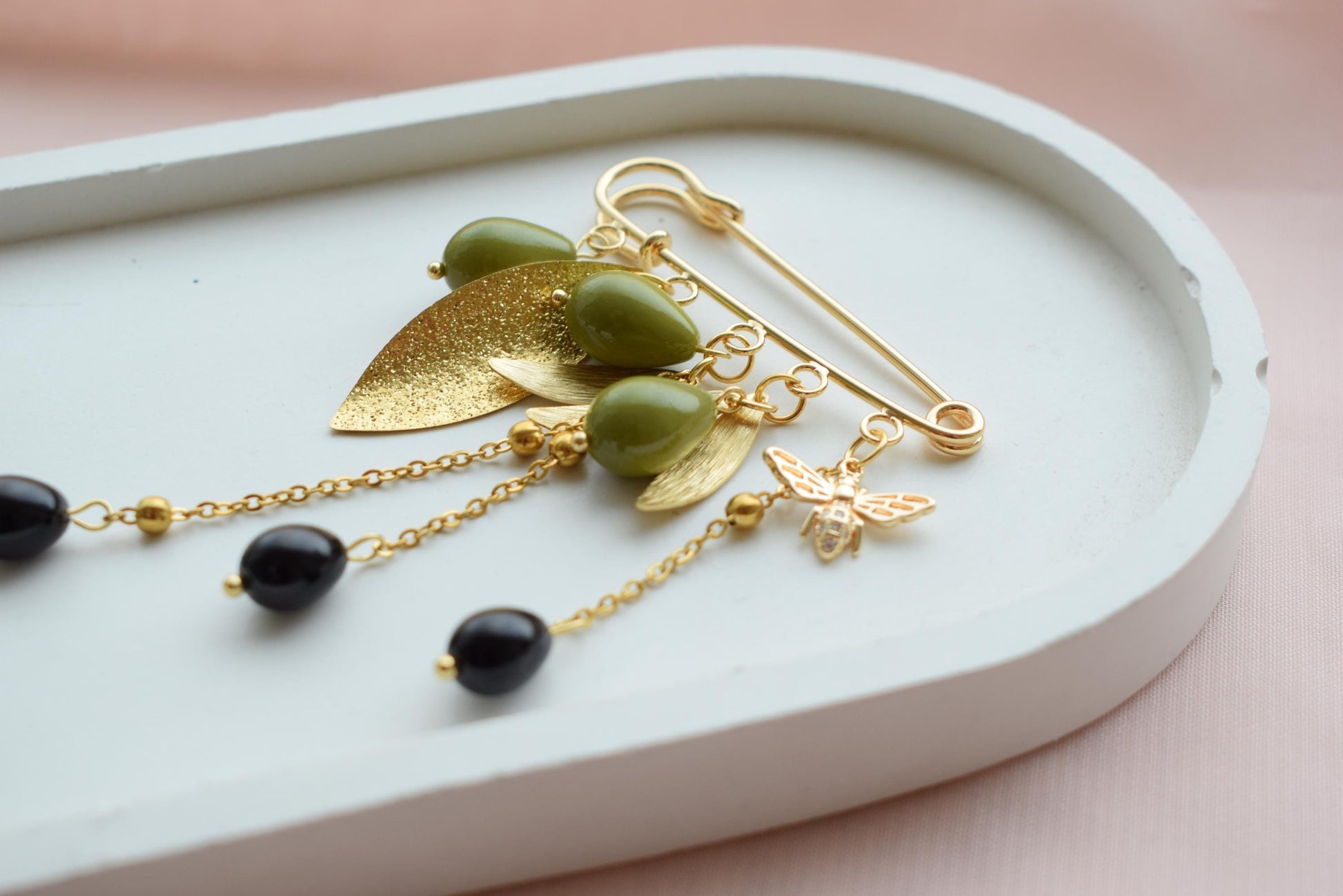 Handmade bee and olive branch lapel pin