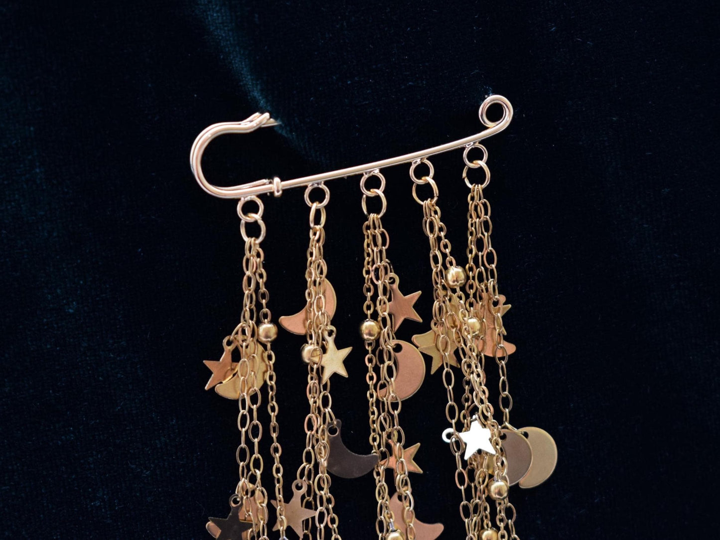 Handmade celestial lapel pin with layered chains