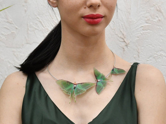 Luna moth choker necklace with silk butterflies